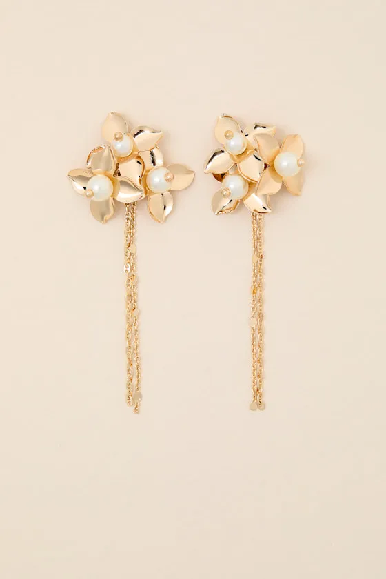 Miley Gold Floral Pearl Statement Earrings sold by Lulus product image thumbnail 2