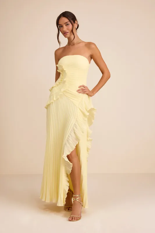 Brylee Light Yellow Pleated Ruffled Maxi Dress made by Lulus