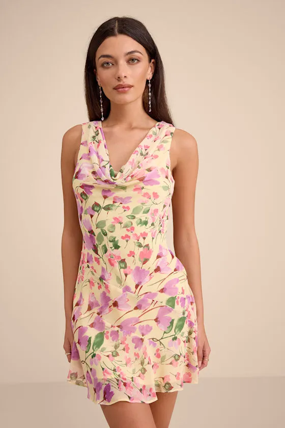 Odette Yellow Floral Cowl Neck Mini Dress sold by Lulus product image thumbnail 2