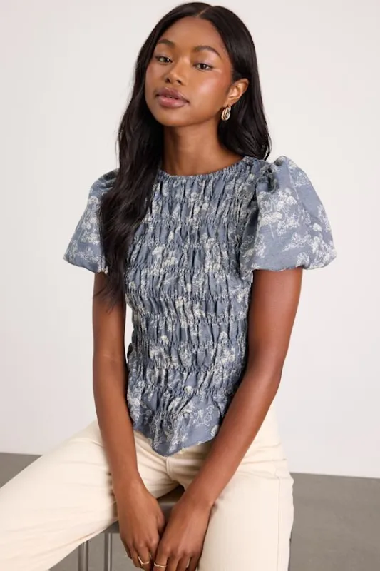 Otti Denim Blue Floral Smocked Top made by Daisy