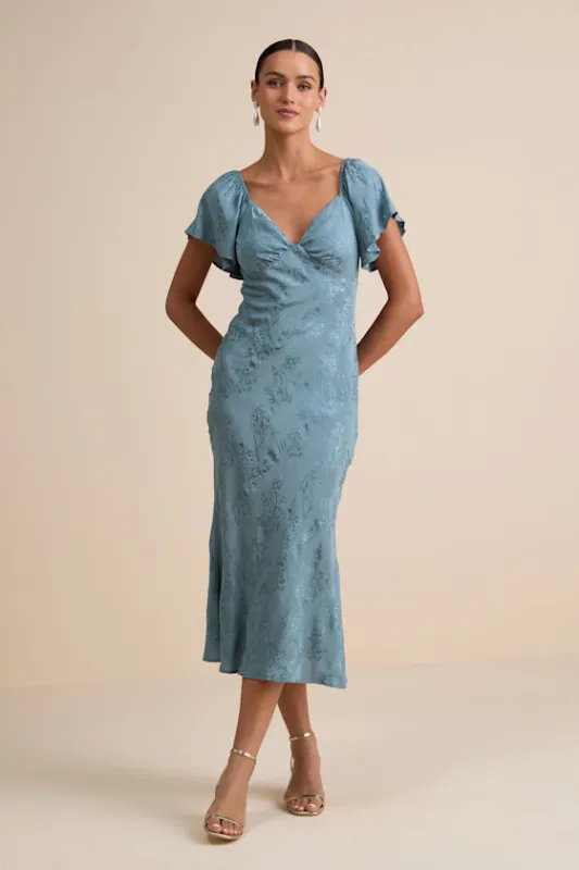 Effervescent Afternoon Slate Satin Flutter Sleeve Midi Dress made by Lulus
