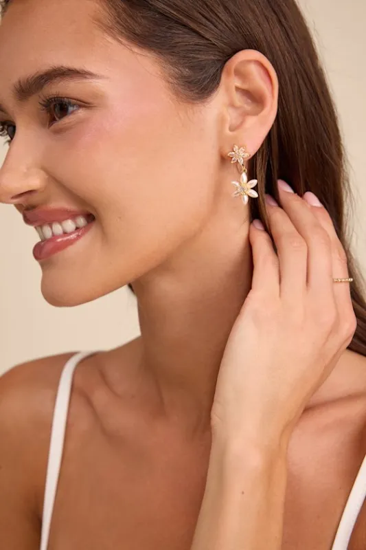 Ira Gold Rhinestone Pearl Flower Drop Earrings made by Lulus