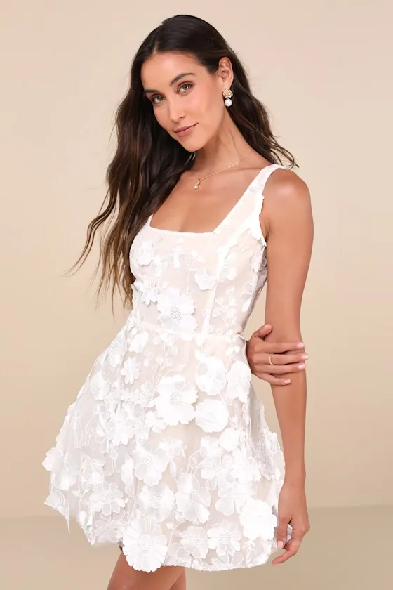 Divine Intentions White 3D Floral Embroidered Skater Dress sold by Lulus