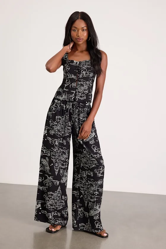 Ravia Black Print Wide-Leg Pants sold by Lulus