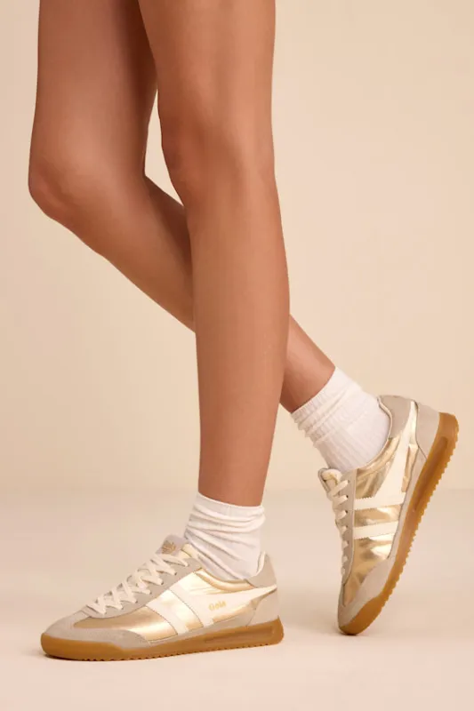 Firefly Metallic Gold and Off White Lace-Up Sneakers made by Gola