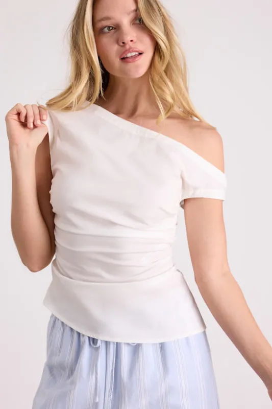 Debonair Ivory Poplin Ruched Asymmetrical Top made by Lulus