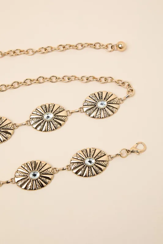 Elianna Gold Rhinestone Concho Belt made by Lulus