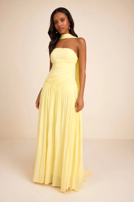 Nellie Light Yellow Pleated Maxi Dress and Scarf Set made by Lulus