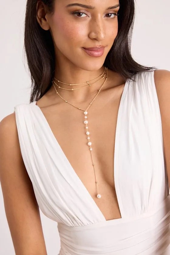 Coastal Pearl 14KT Gold Layered Lariat Necklace sold by Lulus