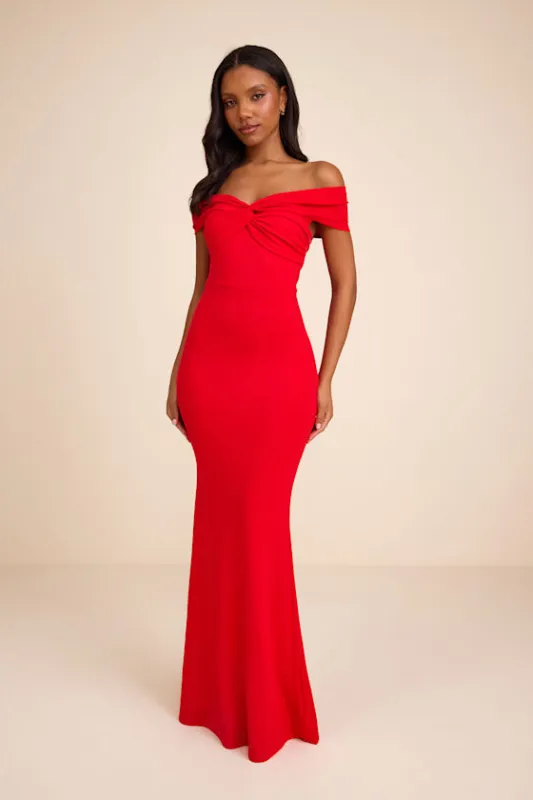Katerina Red Twist-Front Off-The-Shoulder Maxi Dress made by Lulus