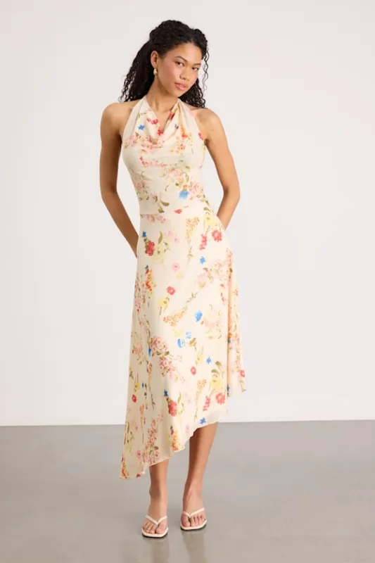Asa Cream Floral Halter Asymmetrical Midi Dress made by Lulus