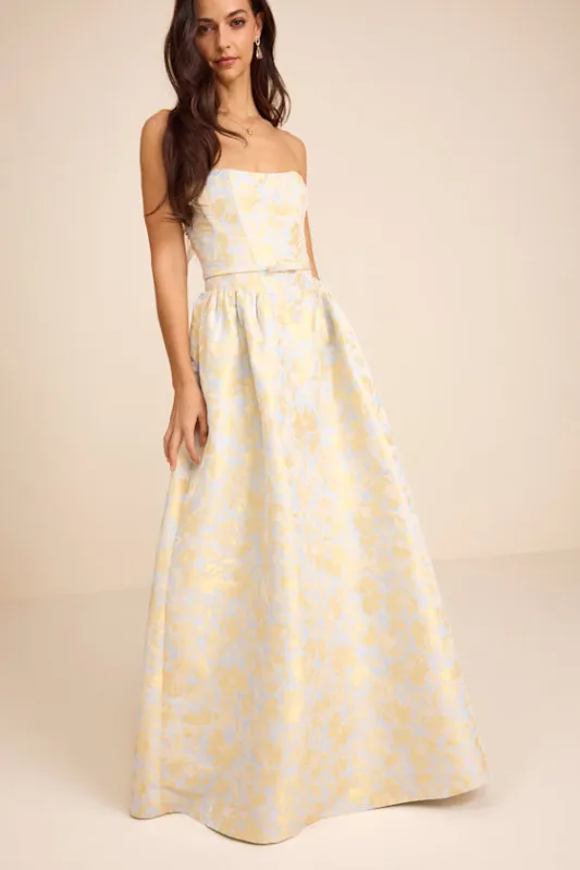 Bradshaw Light Blue and Yellow Floral Jacquard Maxi Dress made by Lulus