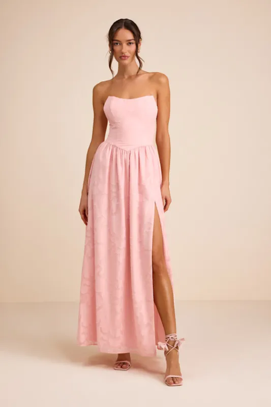 Kalila Light Pink Floral Burnout Strapless Maxi Dress made by Lulus