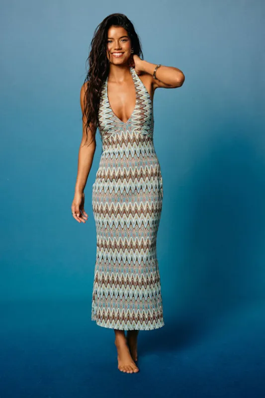 Majesty Turquoise and Brown Crochet Halter Midi Dress made by Lulus