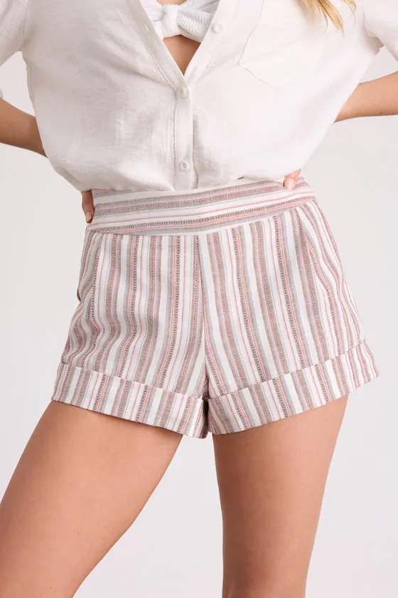 Ambrea White Multi Striped Linen High-Rise Shorts sold by Lulus product image thumbnail 2