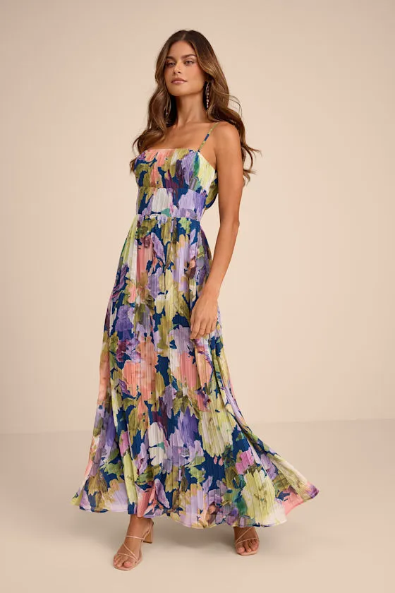 Holloway Dark Blue Multi Floral Pleated Maxi Dress sold by Lulus