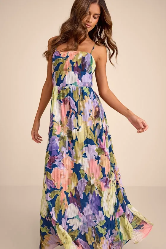 Holloway Dark Blue Multi Floral Pleated Maxi Dress sold by Lulus product image thumbnail 2