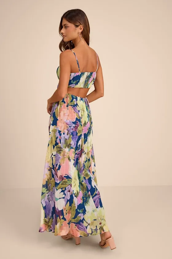 Holloway Dark Blue Multi Floral Pleated Maxi Dress sold by Lulus product image thumbnail 3
