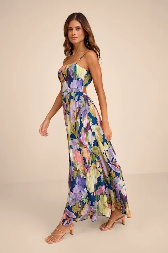 Holloway Dark Blue Multi Floral Pleated Maxi Dress sold by Lulus product image thumbnail 4