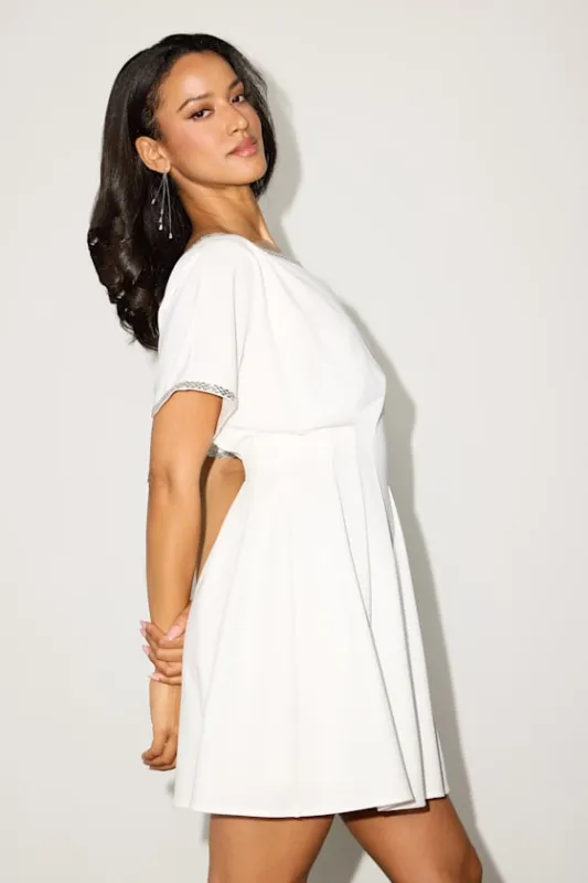 Dessen White Rhinestone Trim Short Sleeve Mini Dress made by Lulus