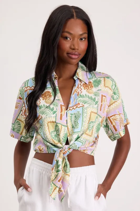 Kaliyah Multi Tropical Print Tie-Front Collared Top made by Lulus