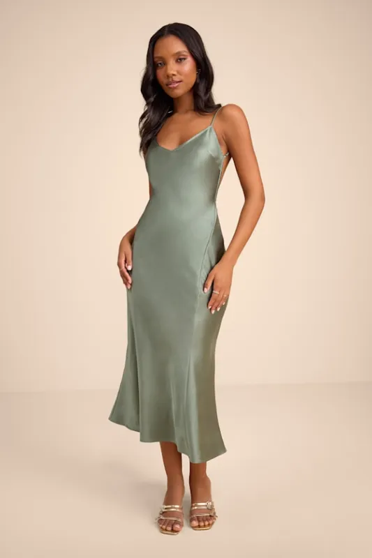 Val Sage Satin Backless Midi Dress made by Lulus
