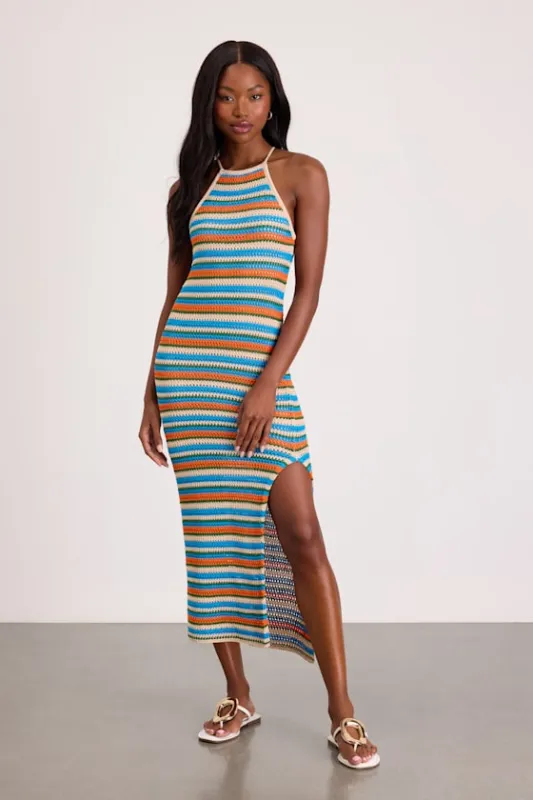 Nalani Blue Multi Striped Crochet Halter Midi Dress made by Lulus