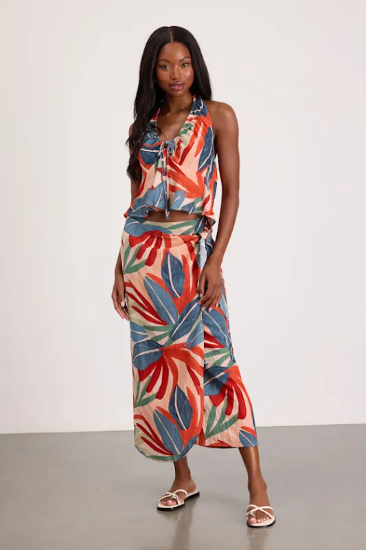 Blake Orange Multi Leaf Print Faux-Wrap Midi Skirt made by Lulus