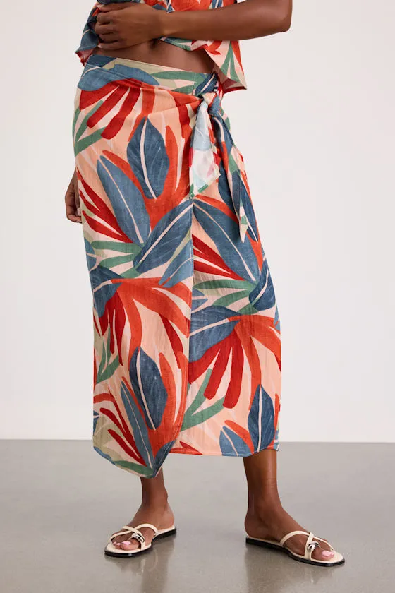 Blake Orange Multi Leaf Print Faux-Wrap Midi Skirt sold by Lulus product image thumbnail 2