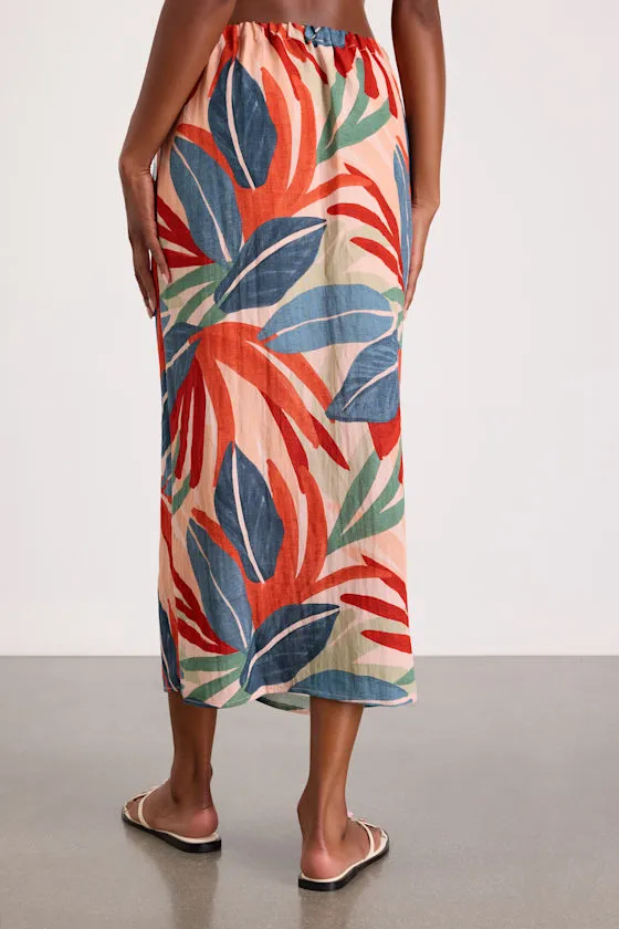 Blake Orange Multi Leaf Print Faux-Wrap Midi Skirt sold by Lulus product image thumbnail 3