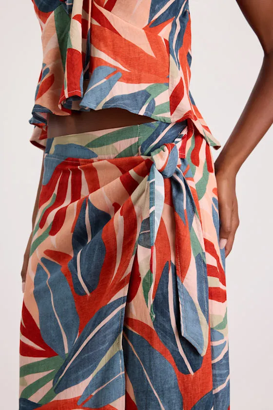 Blake Orange Multi Leaf Print Faux-Wrap Midi Skirt sold by Lulus product image thumbnail 4