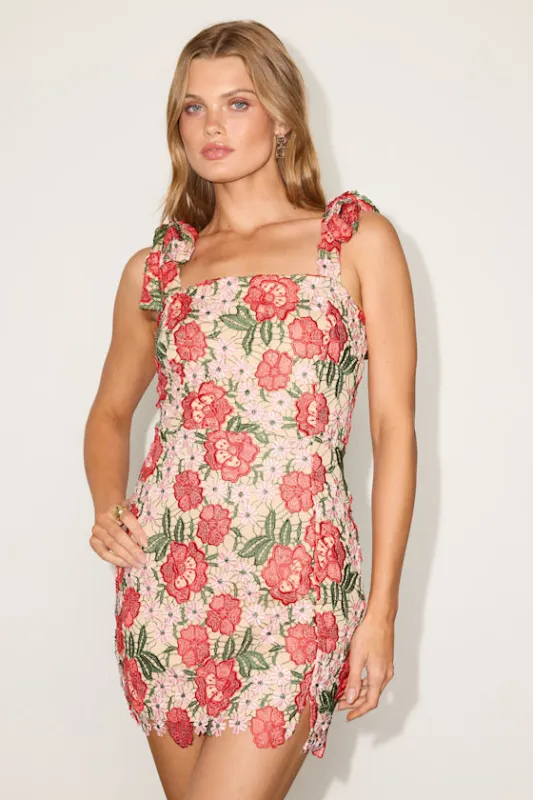Delyn Beige Multi Floral Crochet Mini Dress made by Lulus