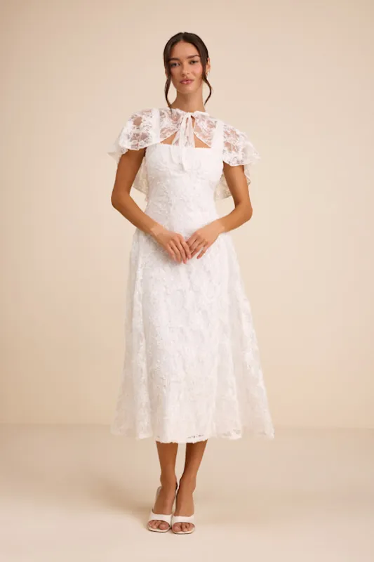 Nikola White Lace Sequin Cape Midi Dress made by Lulus