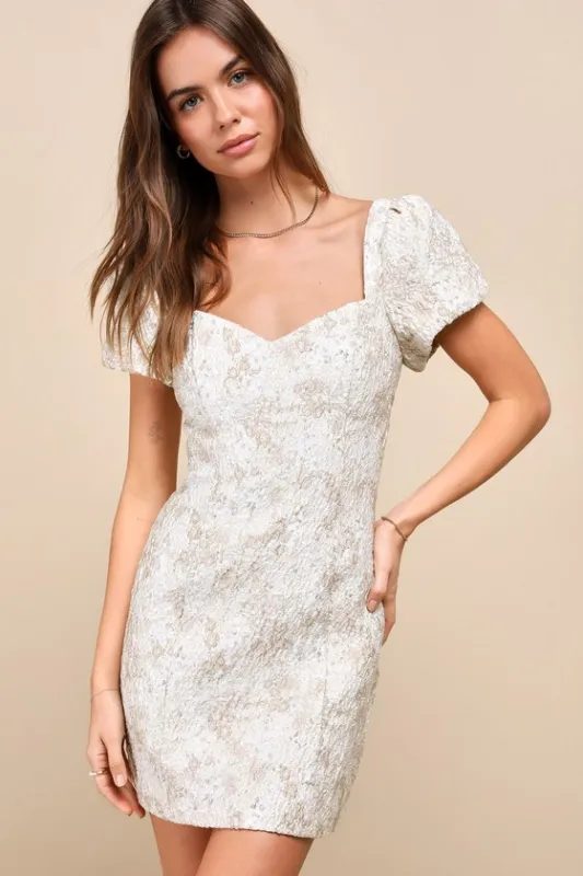 Sweetest Essence Cream Floral Jacquard Puff Sleeve Mini Dress made by Lulus