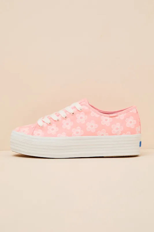 Triple Up Neon Coral Floral Embroidered Platform Sneakers made by Keds