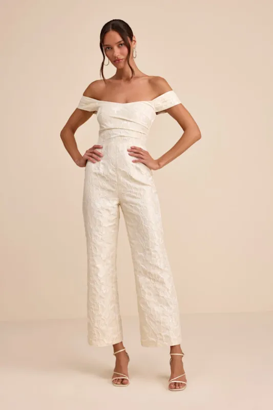 Jaz Ivory Floral Jacquard Off-the-Shoulder Jumpsuit made by Lulus
