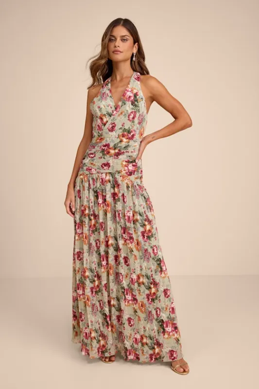 Sylvanna Sage Floral Halter Drop Waist Maxi Dress made by Lulus