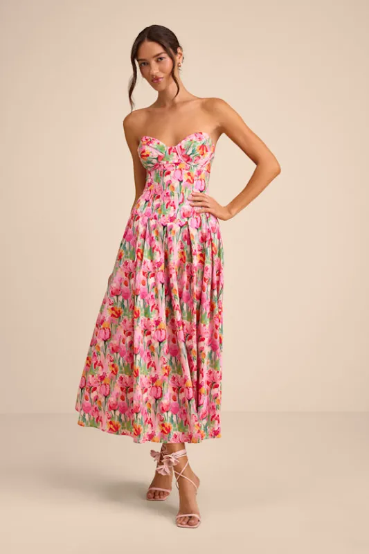 Francena Pink Multi Floral Bustier Midi Dress made by Lulus