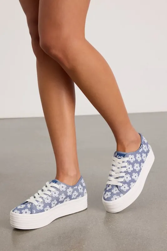 Triple Up Light Blue Floral Embroidered Platform Sneakers made by Keds