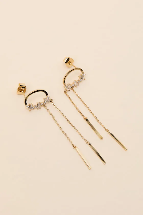 Clea 14KT Gold Rhinestone Chain Drop Earrings sold by Lulus