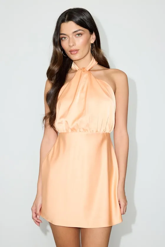 Sleek Essence Peach Satin Halter Sleeveless Mini Dress sold by Lulus