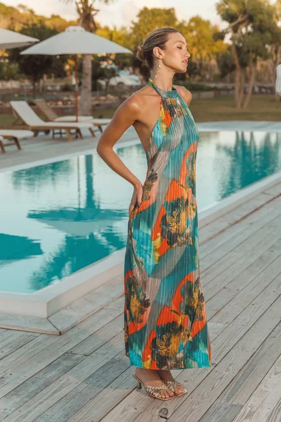 Luala Turquoise Multi Print Plisse Backless Maxi Dress sold by Lulus