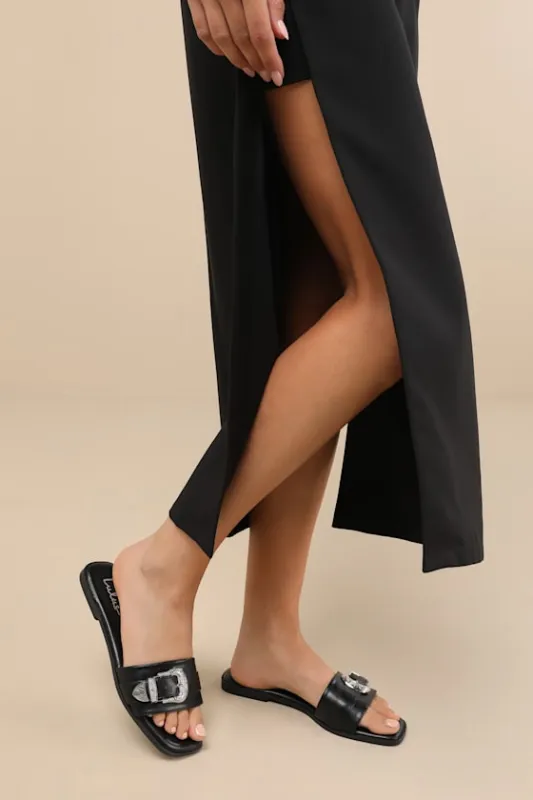 Nyomi Black Buckle Slide Sandals made by Lulus