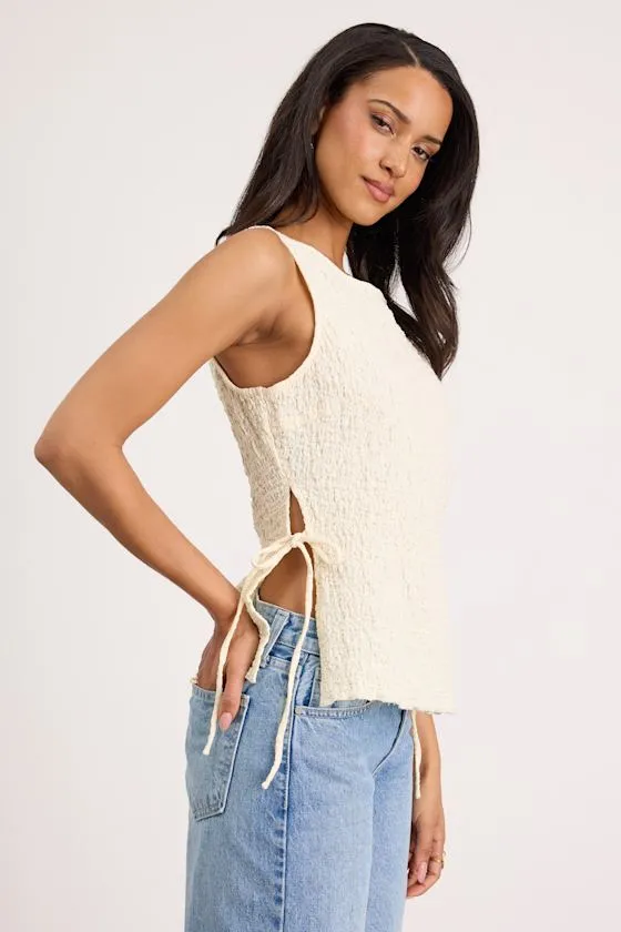 Bizzy Cream Textured Side-Tie Tank Top sold by Lulus