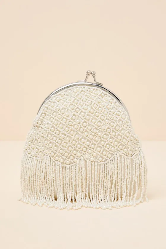 Marceline White Beaded Pearl Fringe Clutch sold by Lulus product image thumbnail 2