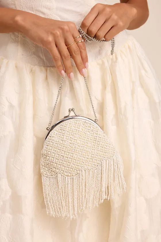 Marceline White Beaded Pearl Fringe Clutch sold by Lulus product image thumbnail 3