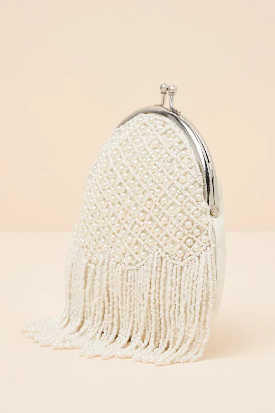 Marceline White Beaded Pearl Fringe Clutch sold by Lulus product image thumbnail 4