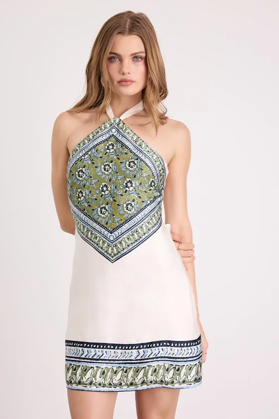 Ayson Ivory and Green Scarf Print Halter Mini Dress sold by Lulus