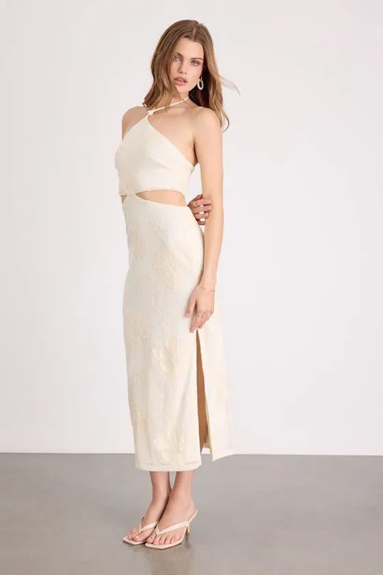 Larissa Cream Embroidered Halter Crochet Midi Dress sold by Lulus