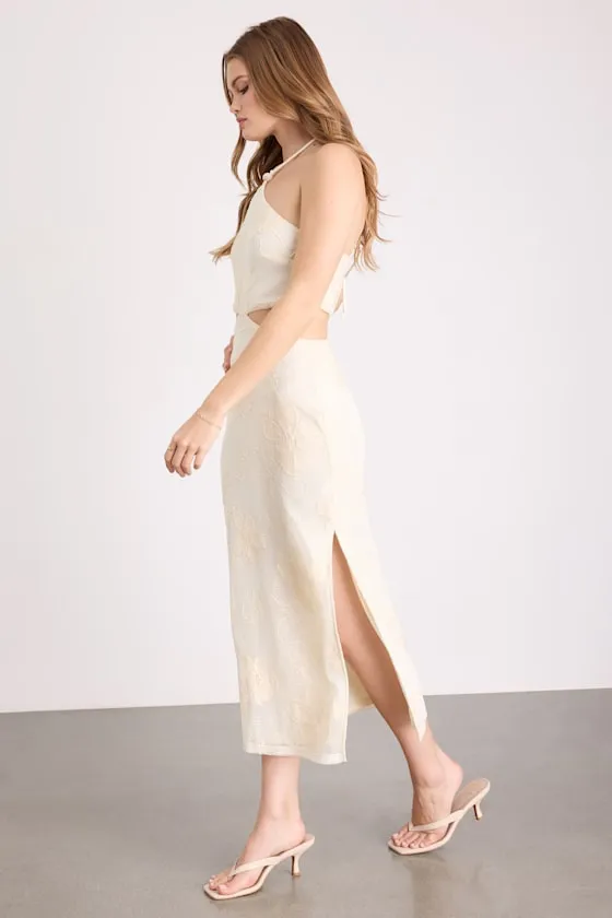 Larissa Cream Embroidered Halter Crochet Midi Dress sold by Lulus product image thumbnail 4
